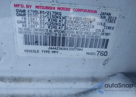2014 Mitsubishi Outlander Se z USA, uszkodzony, nr VIN JA4AZ3A30EZ007984